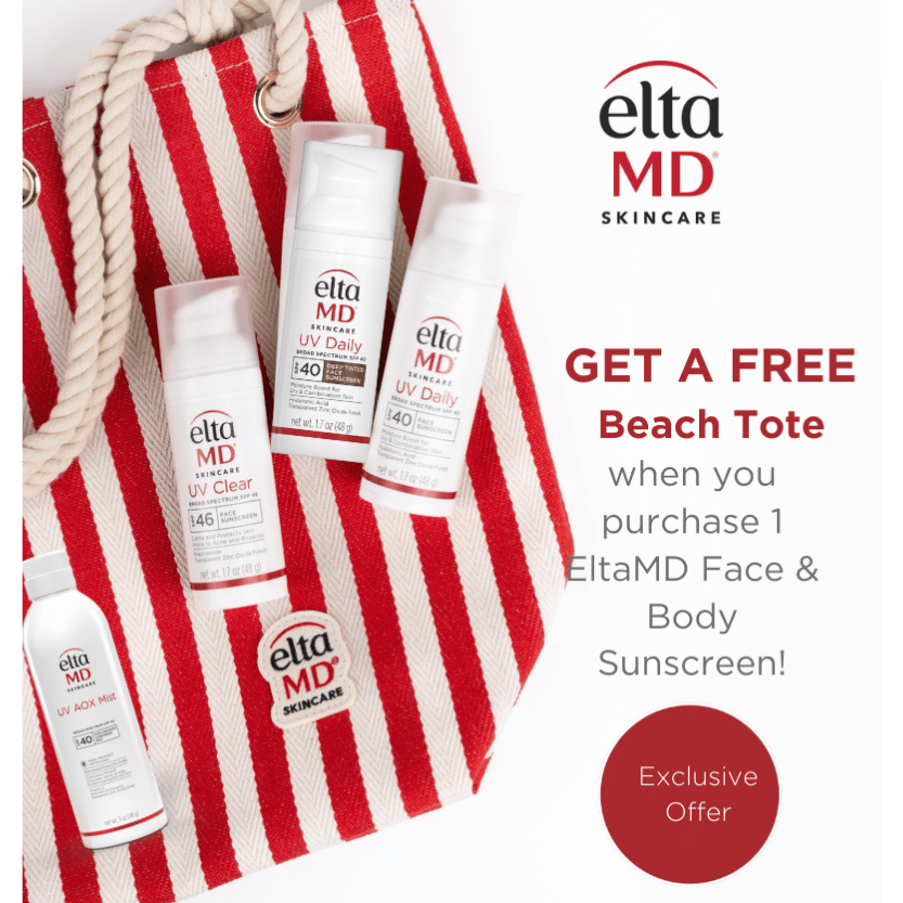 bottles of Elta MD sunscreen on a red striped tote bag